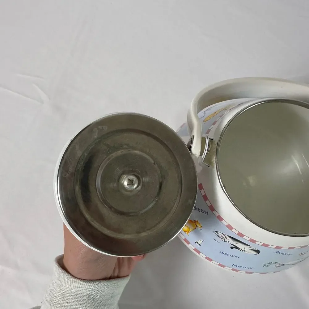 Vintage 80s Kitsch Whimsical Cat Enamel Kettle